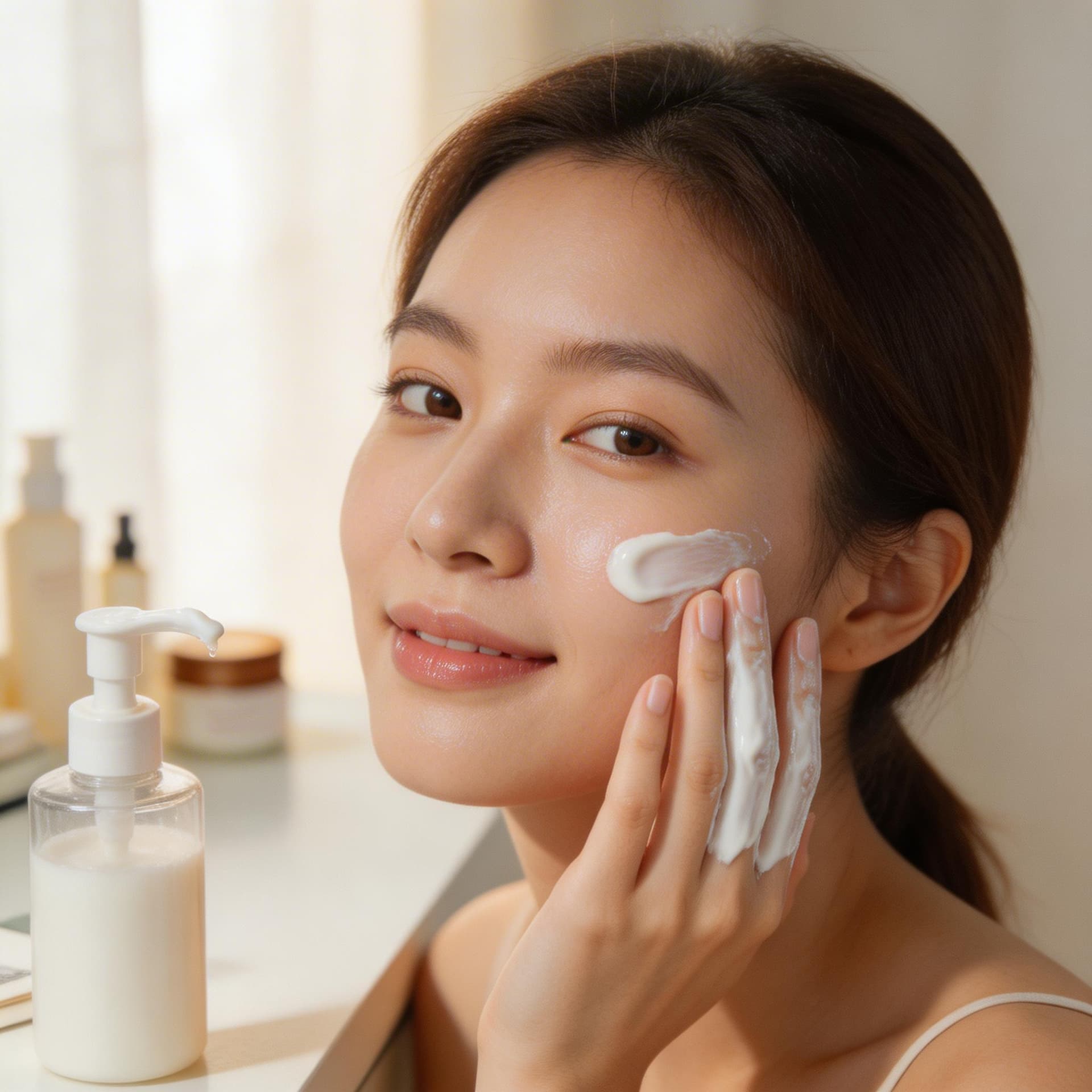AI generated: This is a highly realistic photograph of a young woman caring for his skin with a skin lotion. He is...