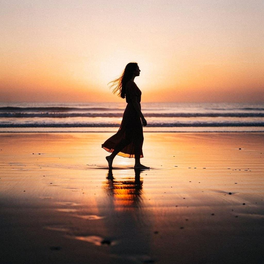 AI generated: mulher nua andando na praia ao por do sol