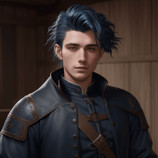 AI generated: wavy navy blue haired handsome young man, wearing a medieval era clothes and a leather jackets, mast...