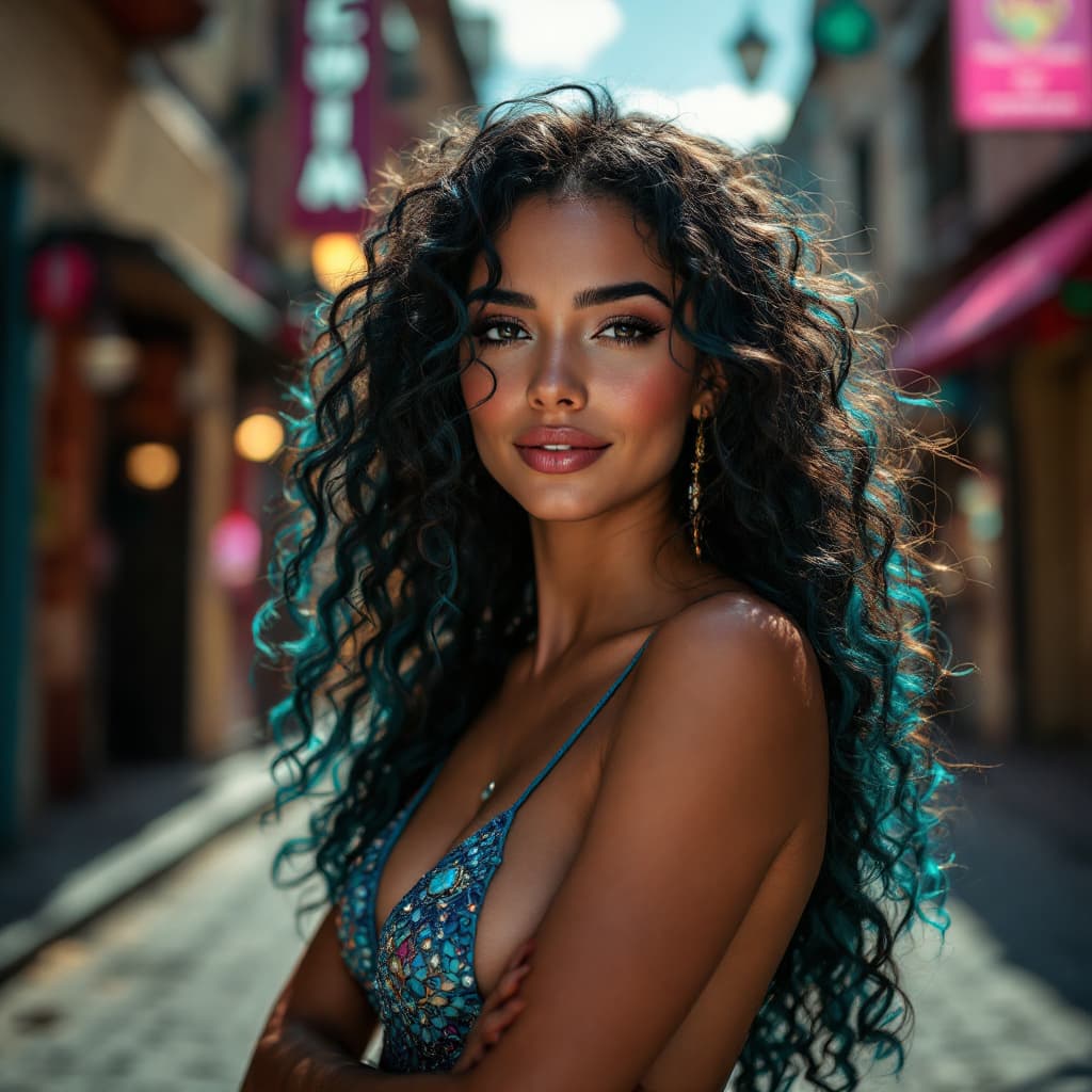 AI generated: at photorealistic urban area,wearing intricately designed high chroma,  color is Dark Turquoise, FEM...