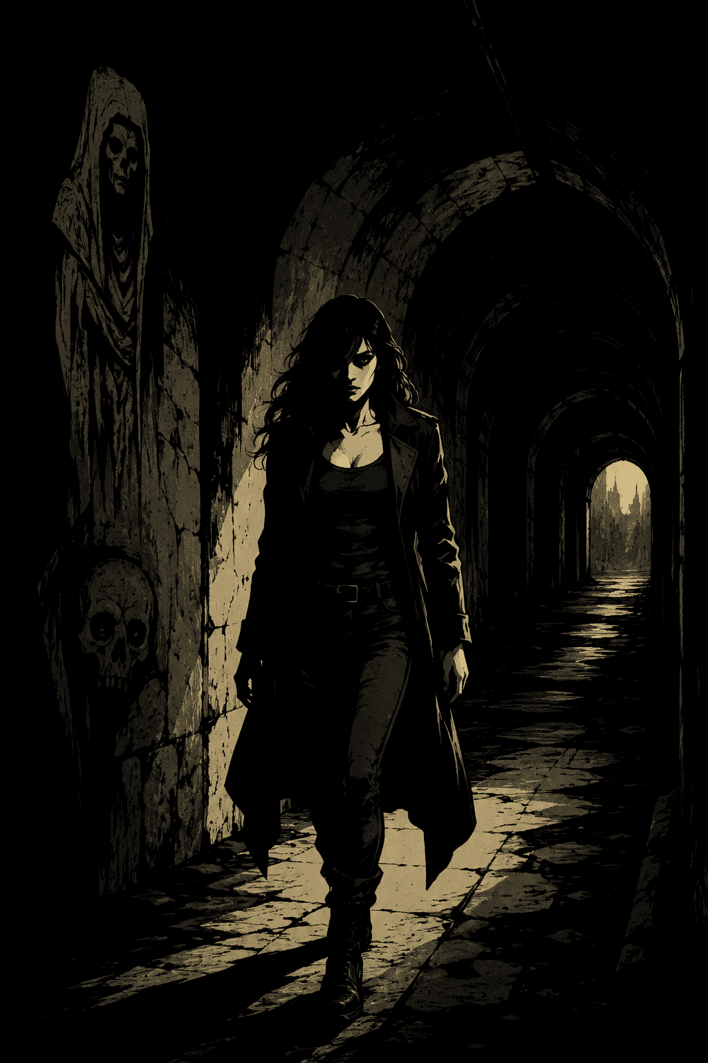 AI generated: Une femme, 25 ans, environ 1,65 m pour 60 kg, marchant dans un tunnel sombre, Ultra-detailed dark go...