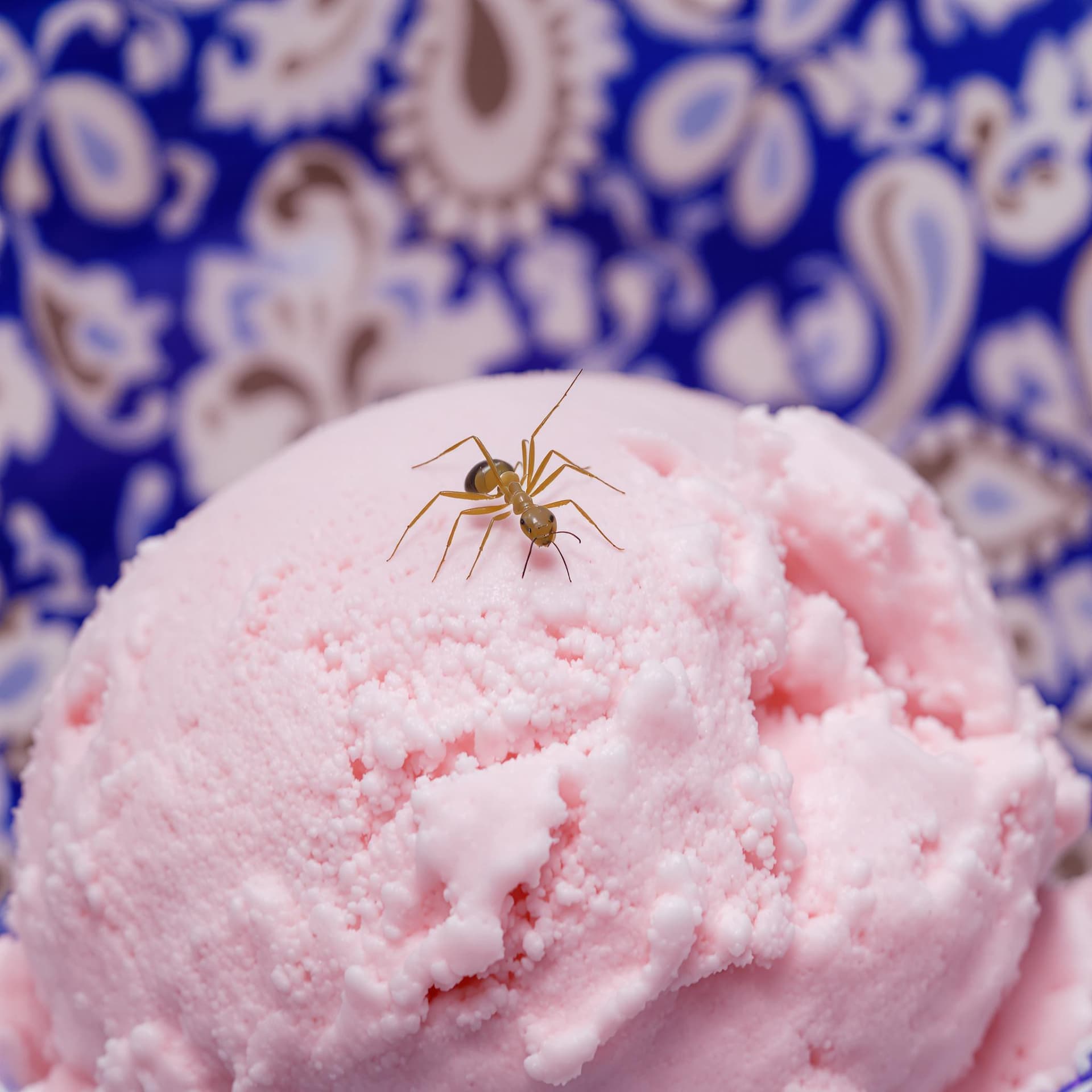 AI generated: Macro art. One ant walking on a pink ice cream scoop. The ice cream is in a a blue bowl with a white...