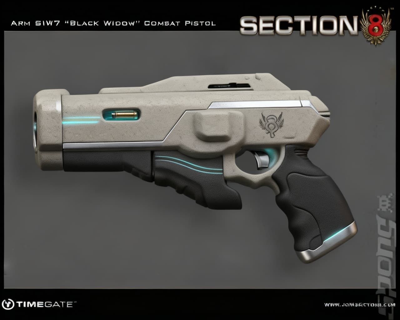 AI generated: Design a chunky, clearly fictional Wisp Pistol for Our’World: short, broad muzzle, soft rubberized g...