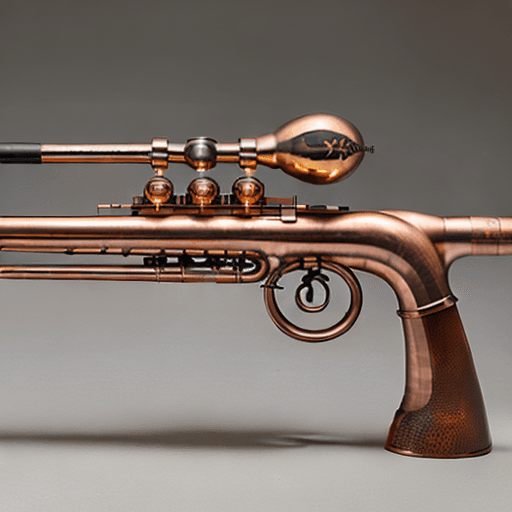 AI generated: a refined rifle, without small trigger, without scope, with the barrel that ends in copper mouthpiec...