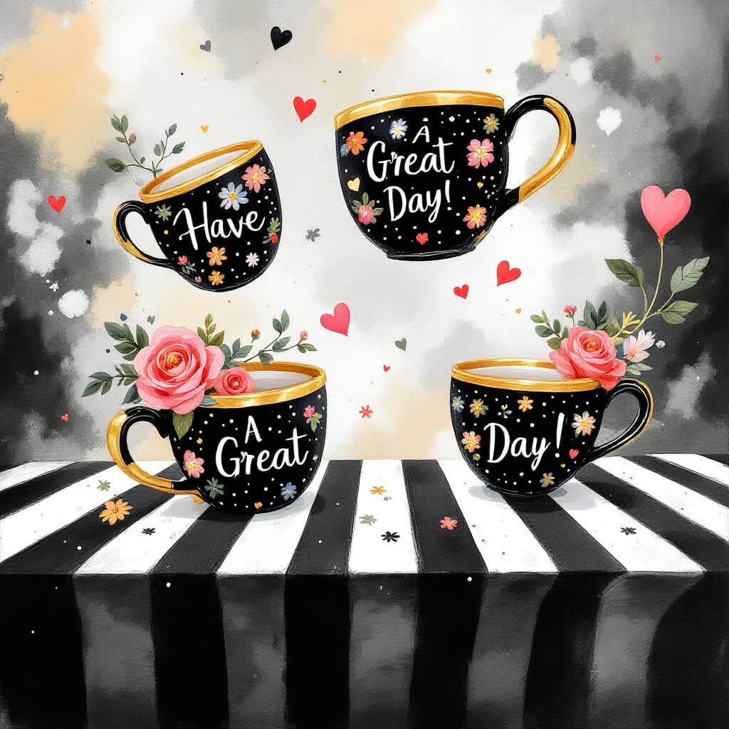 AI generated: A whimsical and enchanting illustration featuring four gold-rimmed black polka dot felt mugs, each d...