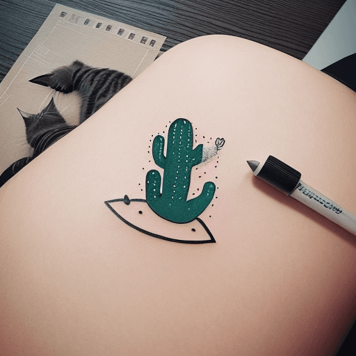 AI generated: Tattoo design that symbolically represents the concepts of  cat, cactus, trust, road, and sea in a m...