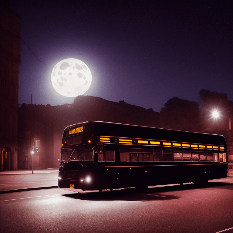 AI generated: dark bus in the middle of the night, moonlight, lit street