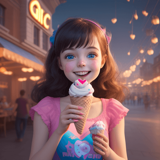 AI generated: cute, adorable, smiling girl eating ice cream, candies flying all around her, Pixar, disnet, cinema ...