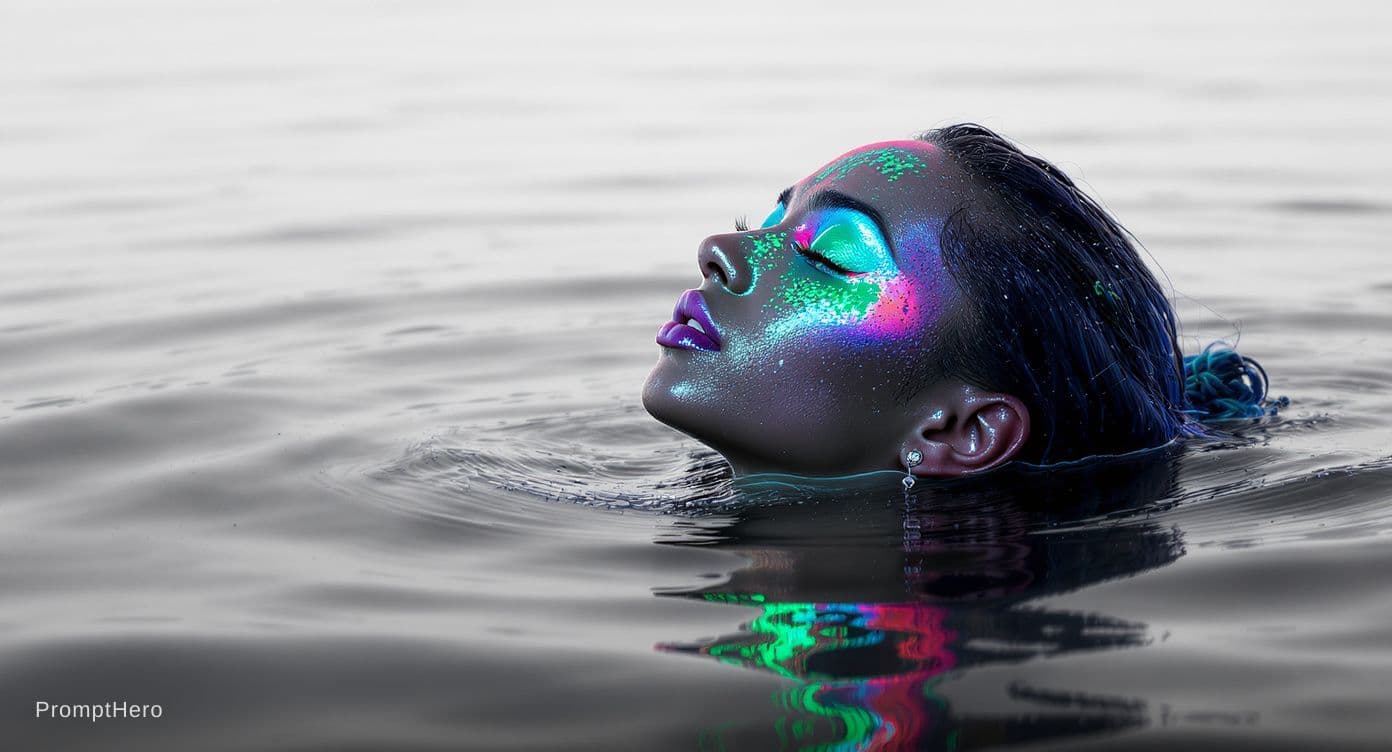 AI generated: photo of a woman in the water, black and white with pops of color, frameless, freya, droplets, magaz...