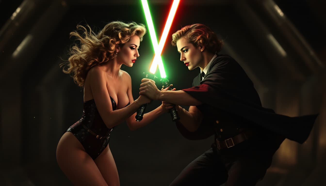 AI generated: A 1940s-style, two pin-up model, Lightsabers clash in the dead of night