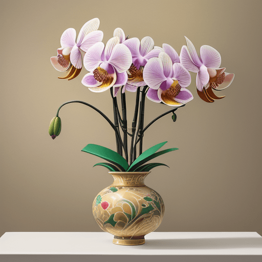 AI generated: wide angle photograph of a large and bountiful orchid and wild blossoms arrangement being displayed:...