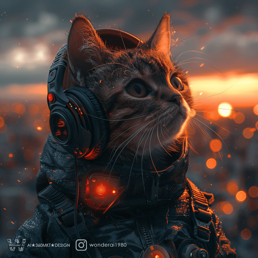 AI generated: real cat with headphones in the style of cyborg, cyberpunk landscape with an orange and black color ...