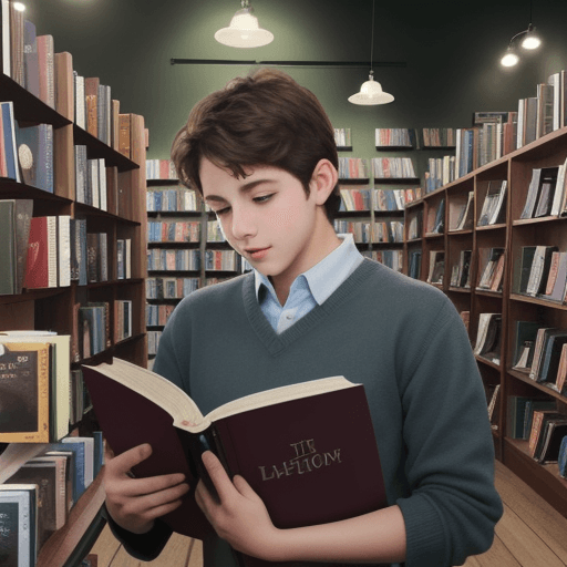 AI generated: Illustration of a boy in a bookstore buying a book
