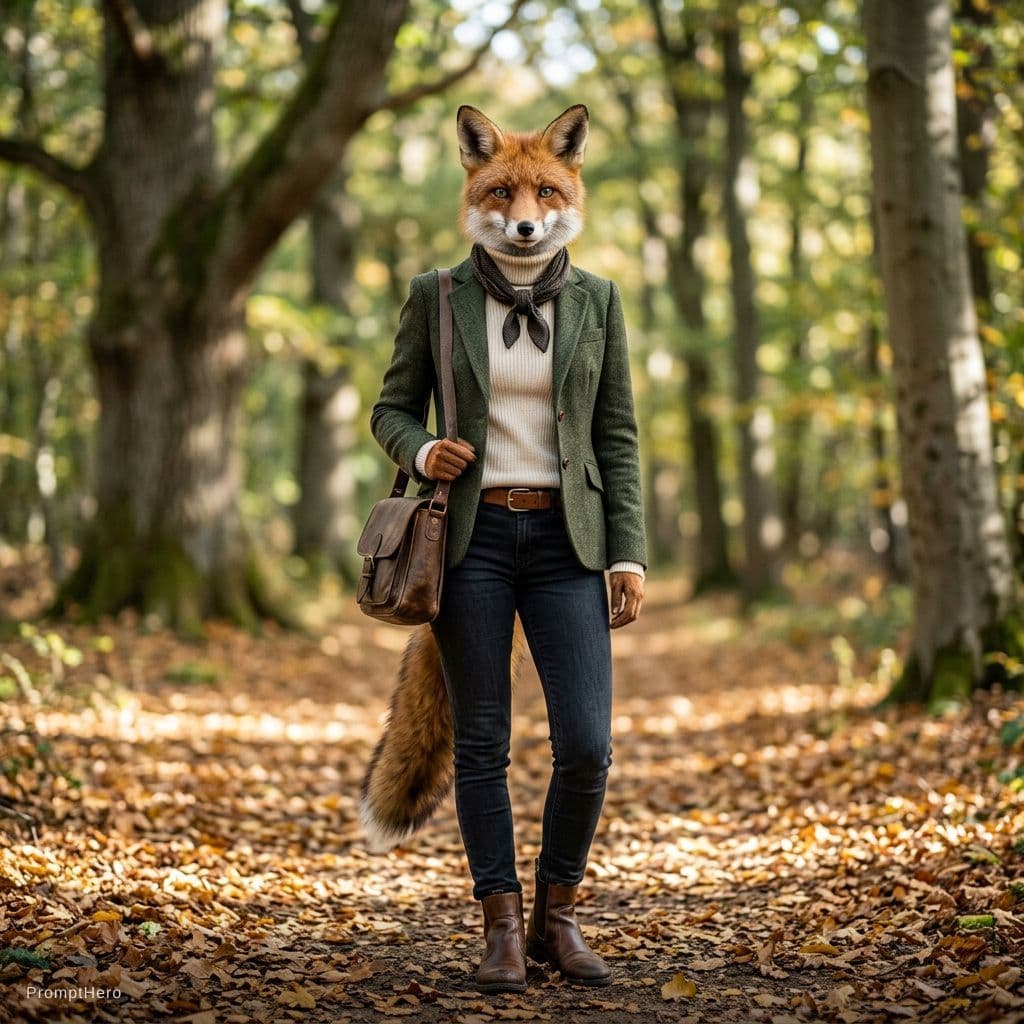 AI generated: Hyper realistic red fox. Lady fox, good figure, attractive clothes. A sexy fox woman 