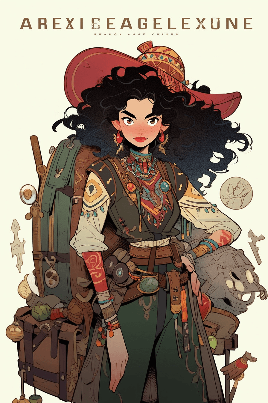 AI generated: An adventurous and fearless explorer, with bold makeup, Comic Book Art style by Allie Brosh, intense...