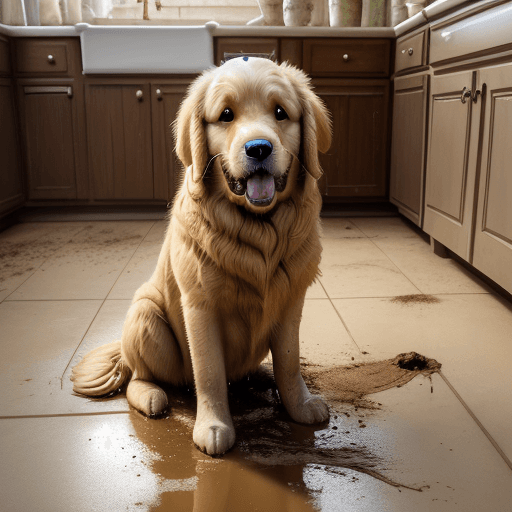 AI generated: Golden retriever, dirt on face, muddy paws on floor, kitchen scene background 