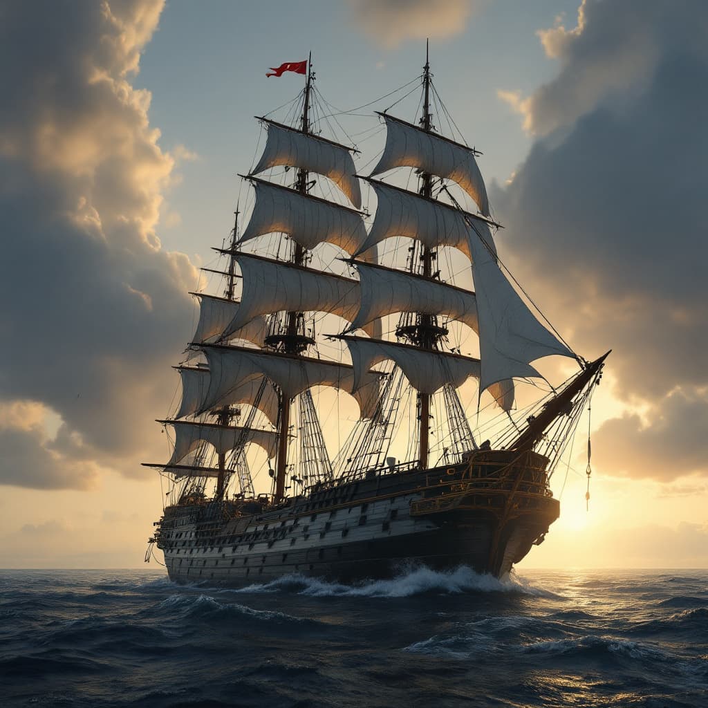 AI generated: Photo of a ultra realistic sailing ship, dramatic light, pale sunrise, cinematic lighting, battered,...