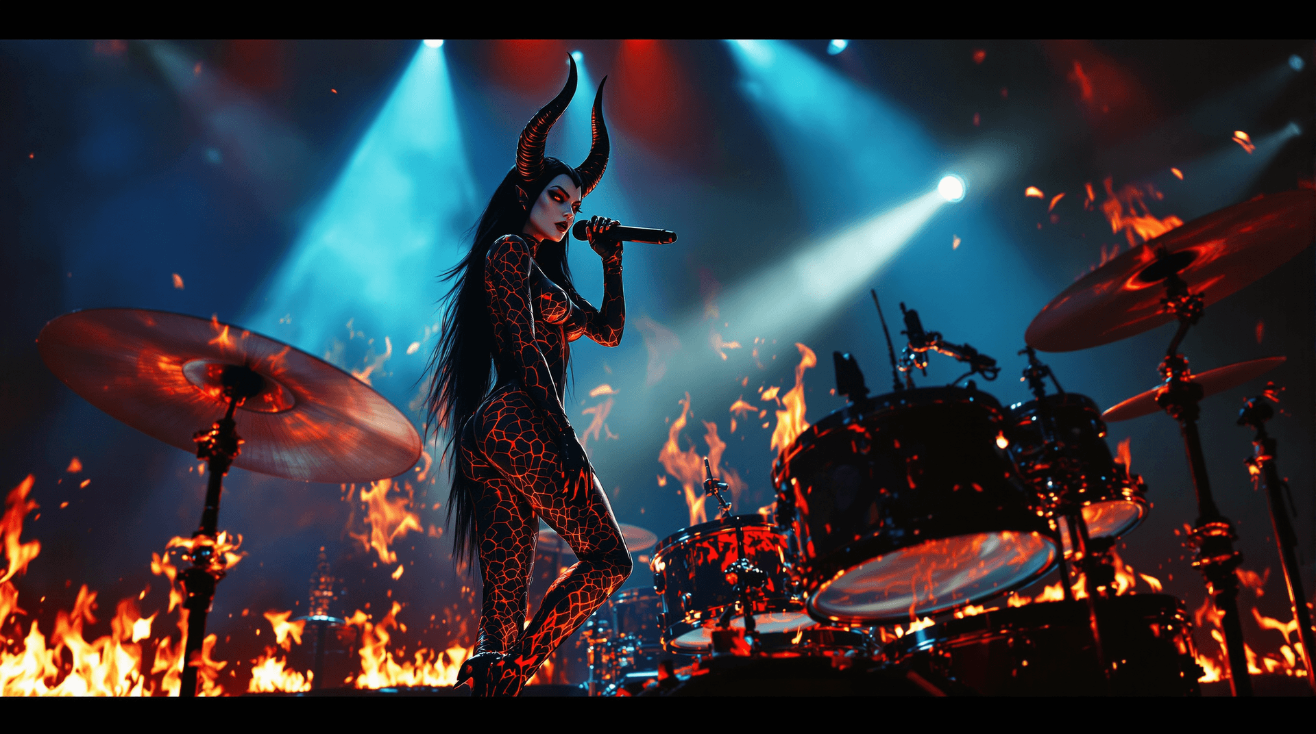 AI generated: Two female demon characters on a dark concert stage:

CHARACTER 1 - LILITH (Frontwoman - Vocal):

Fe...