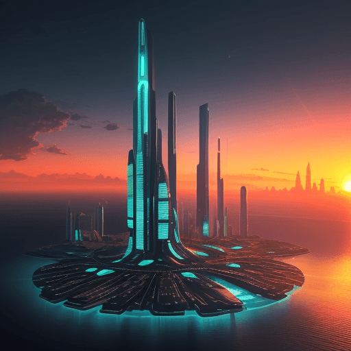 AI generated: Futuristic city on the island of a blue-green planet in an orange sunset