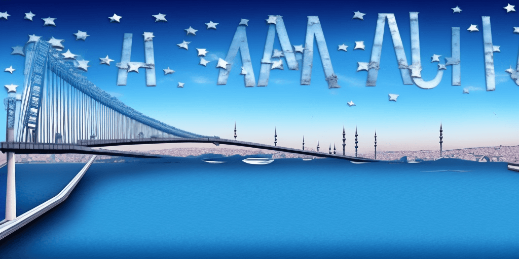 AI generated: istanbul brigde, realistic, futuristic look, headline Waveline-mar.com blue letters in the sky