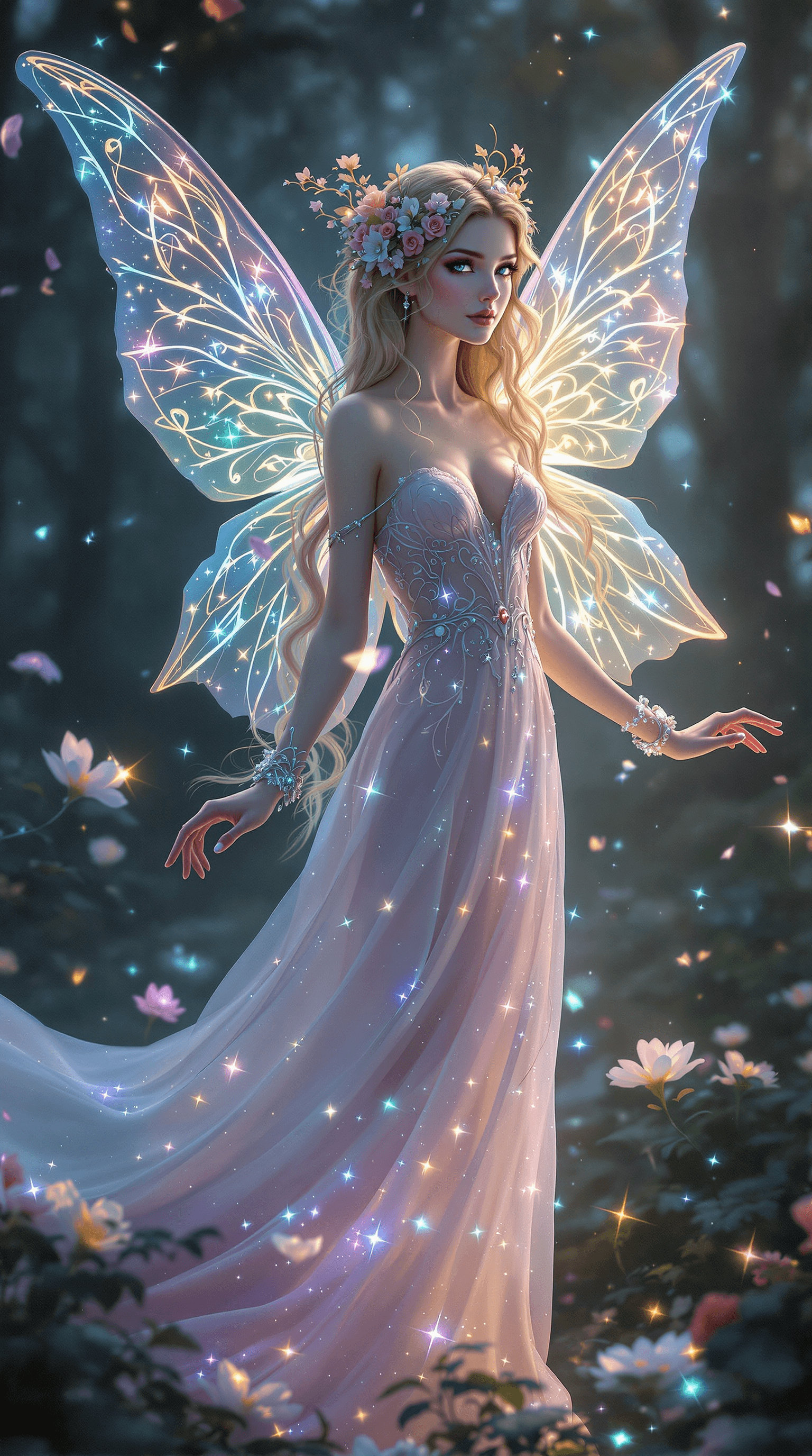 AI generated: A breathtakingly **elegant fairy** stands in a **moonlit glade**, bathed in the **soft glow of biolu...