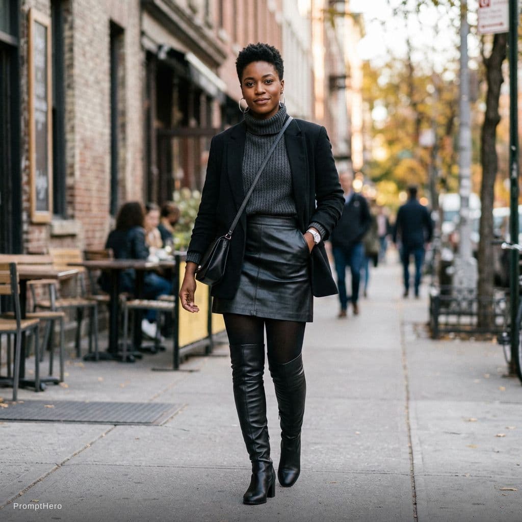 AI generated: ebony femdom with short hair wearing short skirt and thigh high black boots