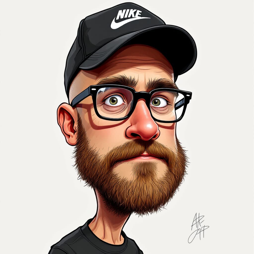 AI generated: caricature illustration of a caucasian man bald with black glasses and very short salt&pepper beard,...