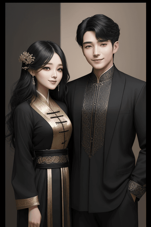 AI generated: a beautiful woman and smart man, in the style of texture-rich layers, dark black and light black, th...