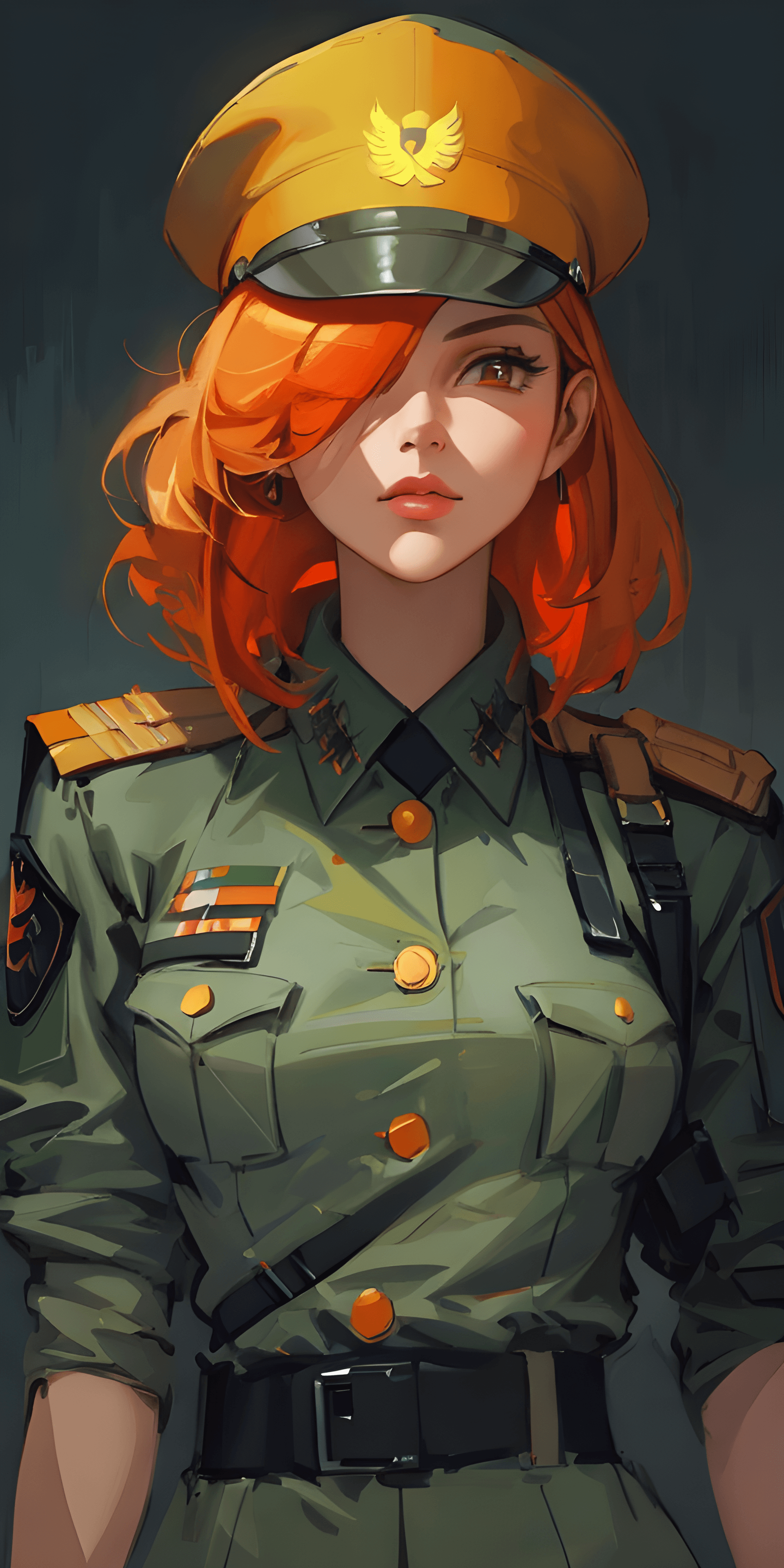AI generated: a painting of a woman in a military uniform, digital art, by Aleksander Gine, digital art, orange ha...