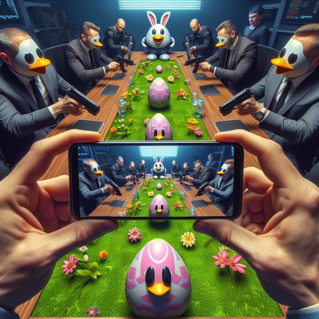 AI generated: POV Easter egg hunt as a egoshooter game, gameplay screenshot