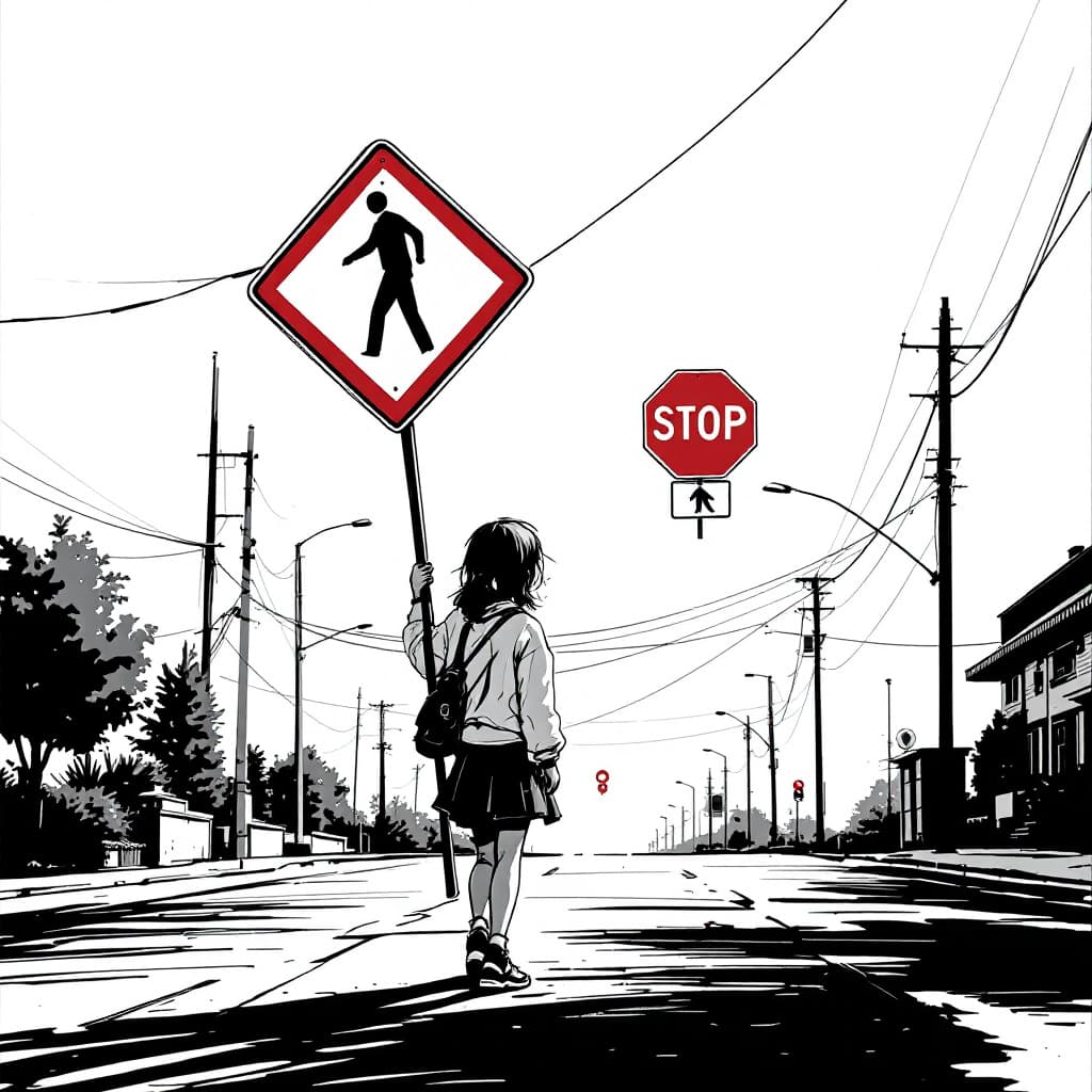 AI generated: A girl holding a traffic sign, micro art, girl standing in the side street, simple background, simpl...
