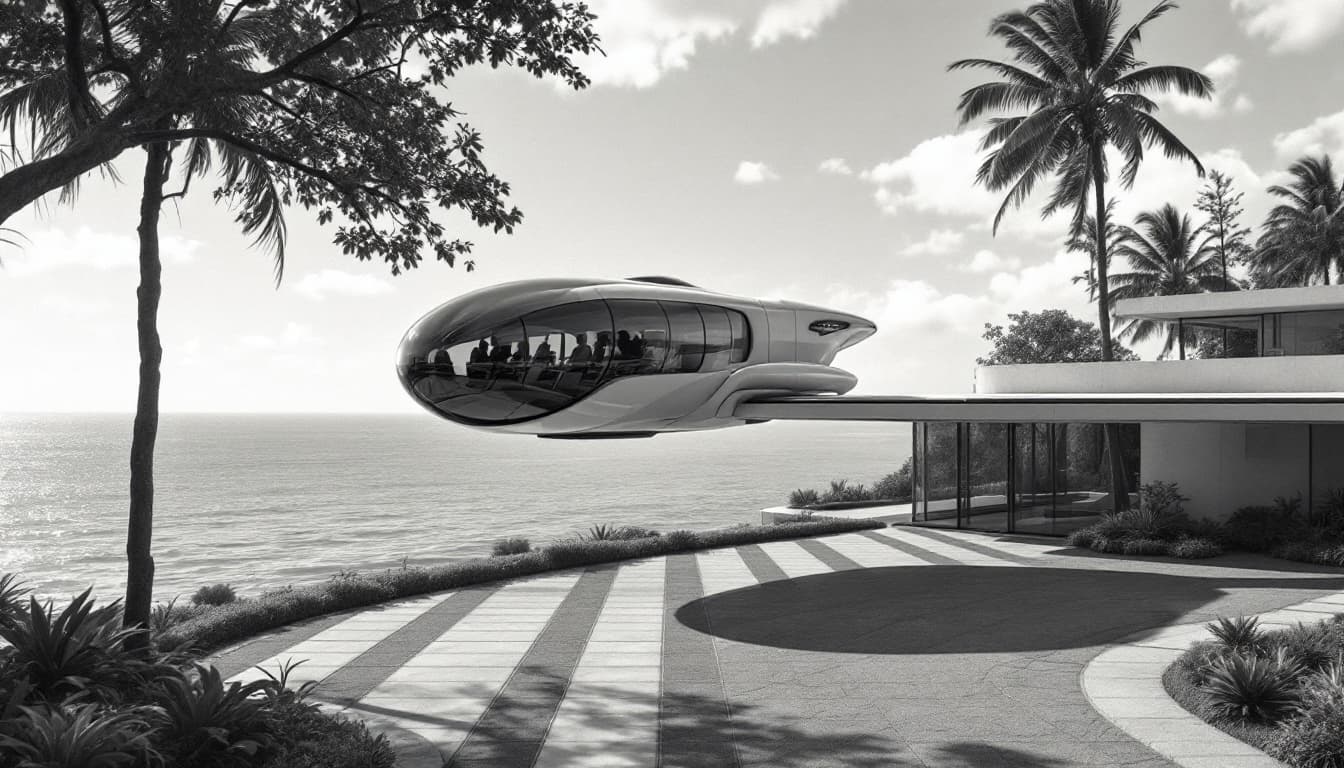 AI generated: sci-fi personal transportation vehicle,retro style 50s, flying on the street of new york. horizontal...
