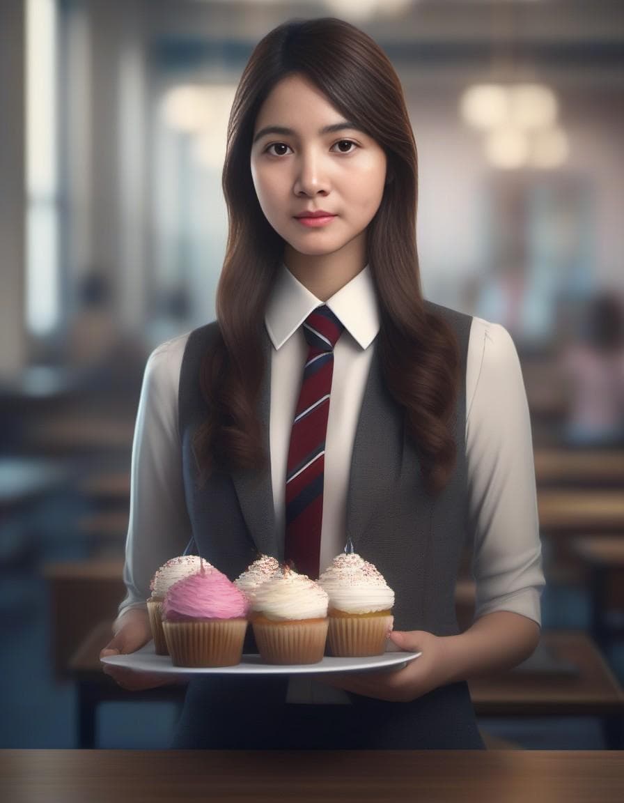AI generated: A girl, wearing a tie, cupcake in her hands, school, indoors, soothing tones, hdr, artstation, drama...