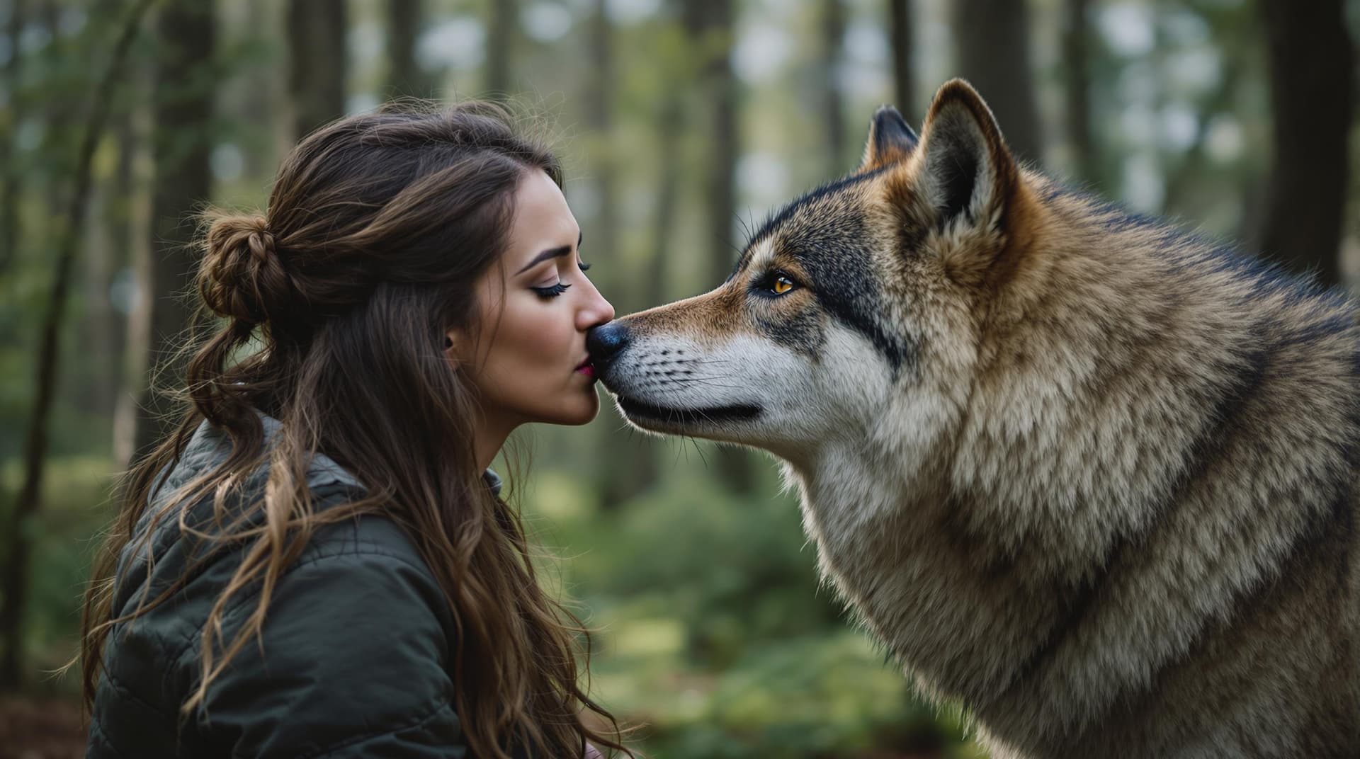 AI generated: a woman in forest kiss a wolf

