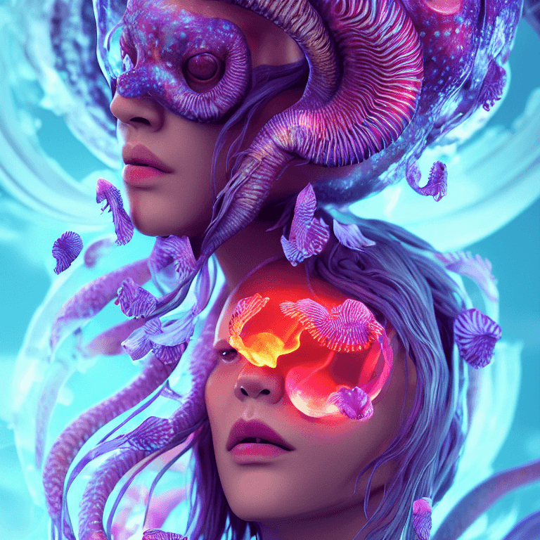 AI generated: goddess close-up portrait ribcagel. jellyfish phoenix head, nautilus, orchid, skull, betta fish, bio...