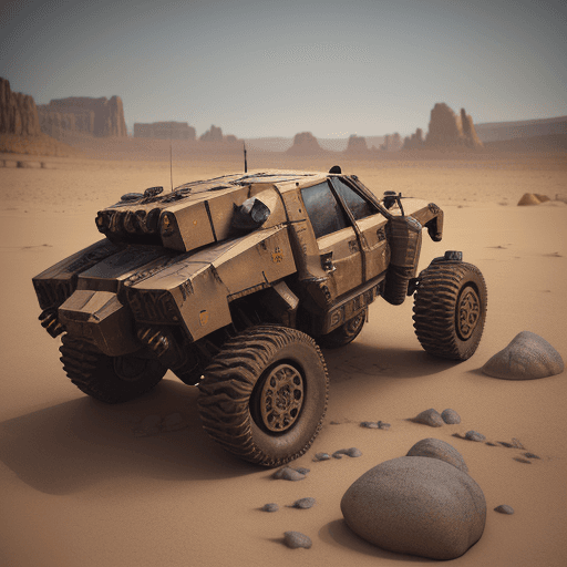 AI generated: mechwarrior battle have rear knee ,electronics,same t-rex ,in desert with rocks and stones,machinegu...