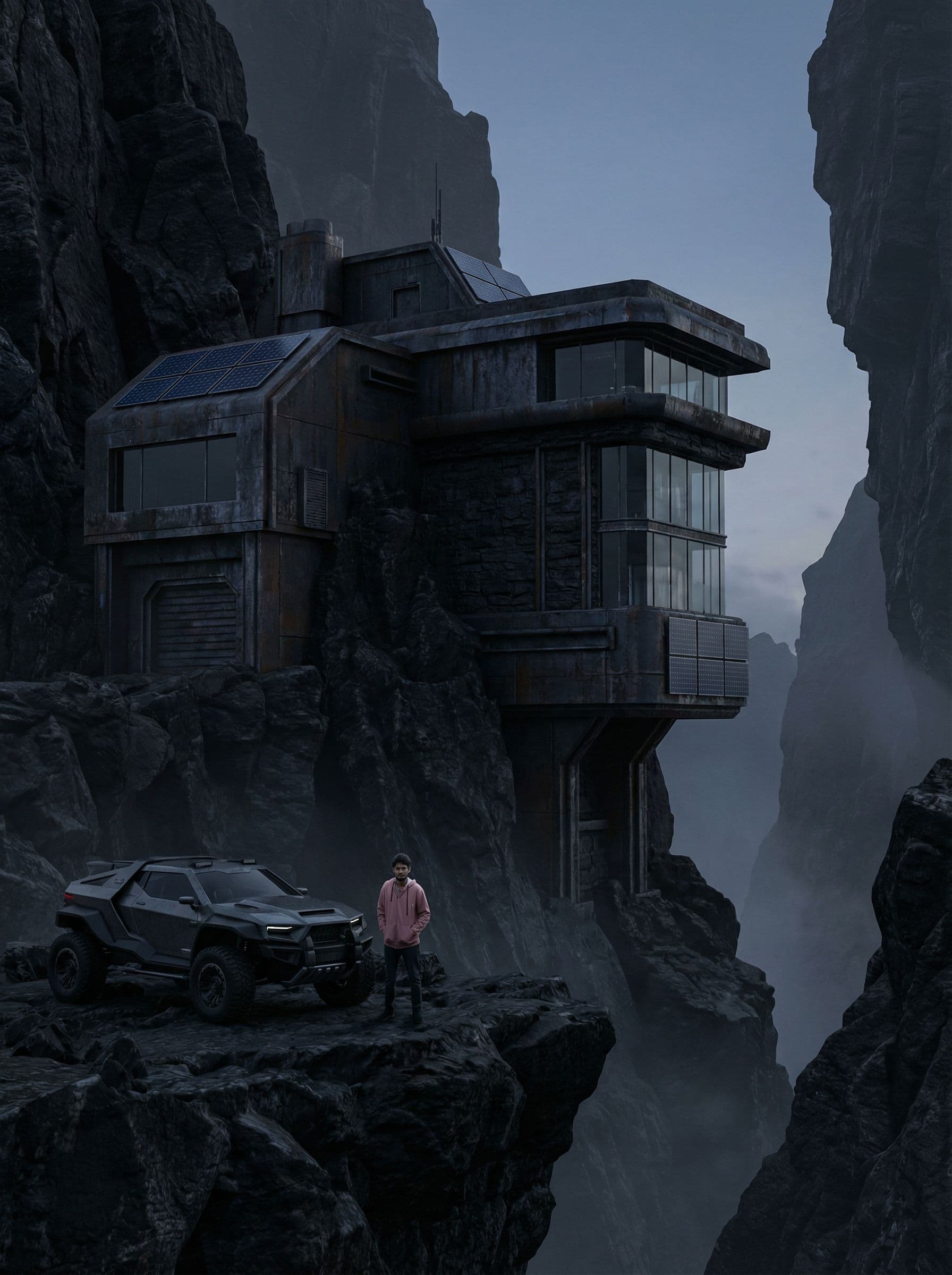 AI generated: the futuristic house in a rocky area with car, rock and house, in the style of dark gray and dark bl...