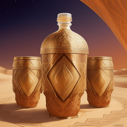 AI generated: Exotic desert oasis drink packaging featuring ornate Arabian-style vessels filled with shimmering li...