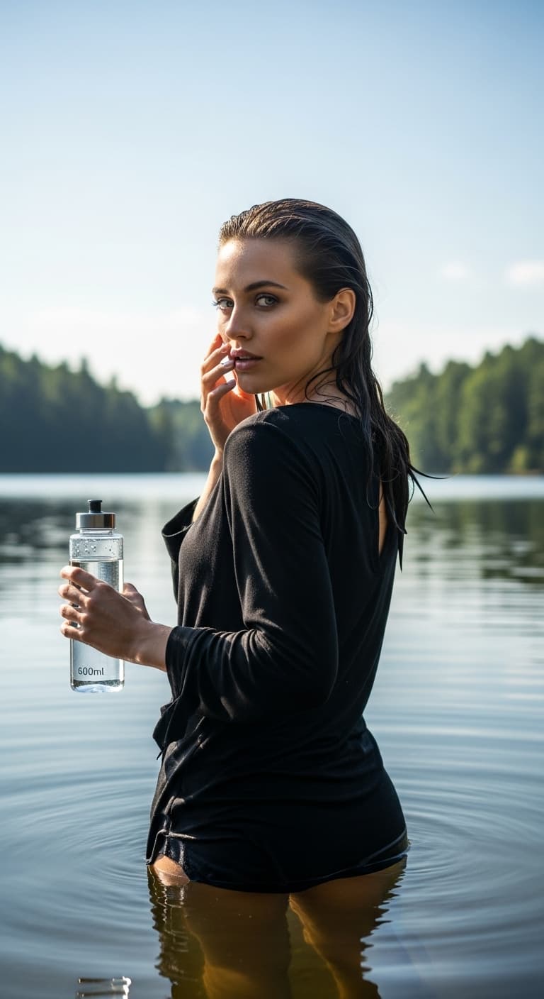 AI generated: A woman stands in a serene lake, her back to the viewer, looking over her shoulder with light blue e...