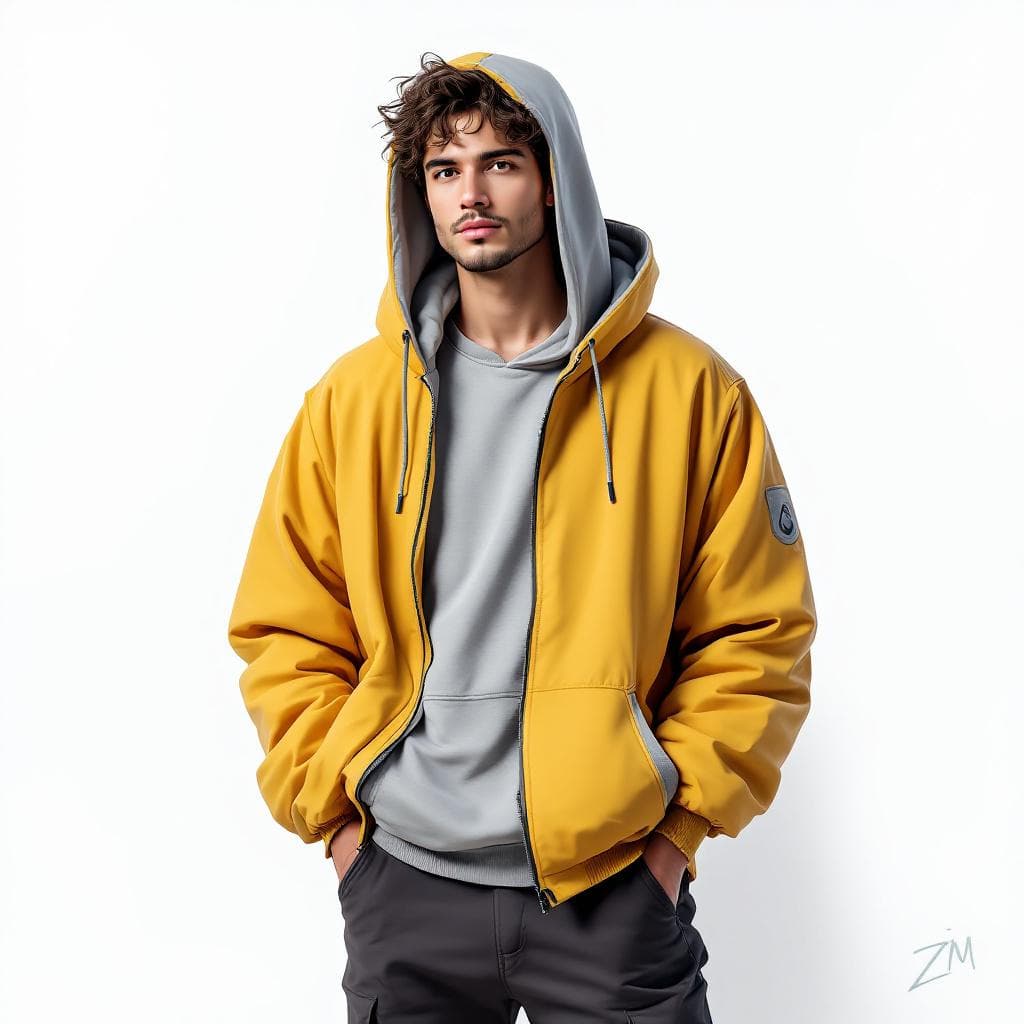 AI generated: create a man 2d with a nice random main color hooded 
jacket, a nice pants.create a gray male 2d wi...