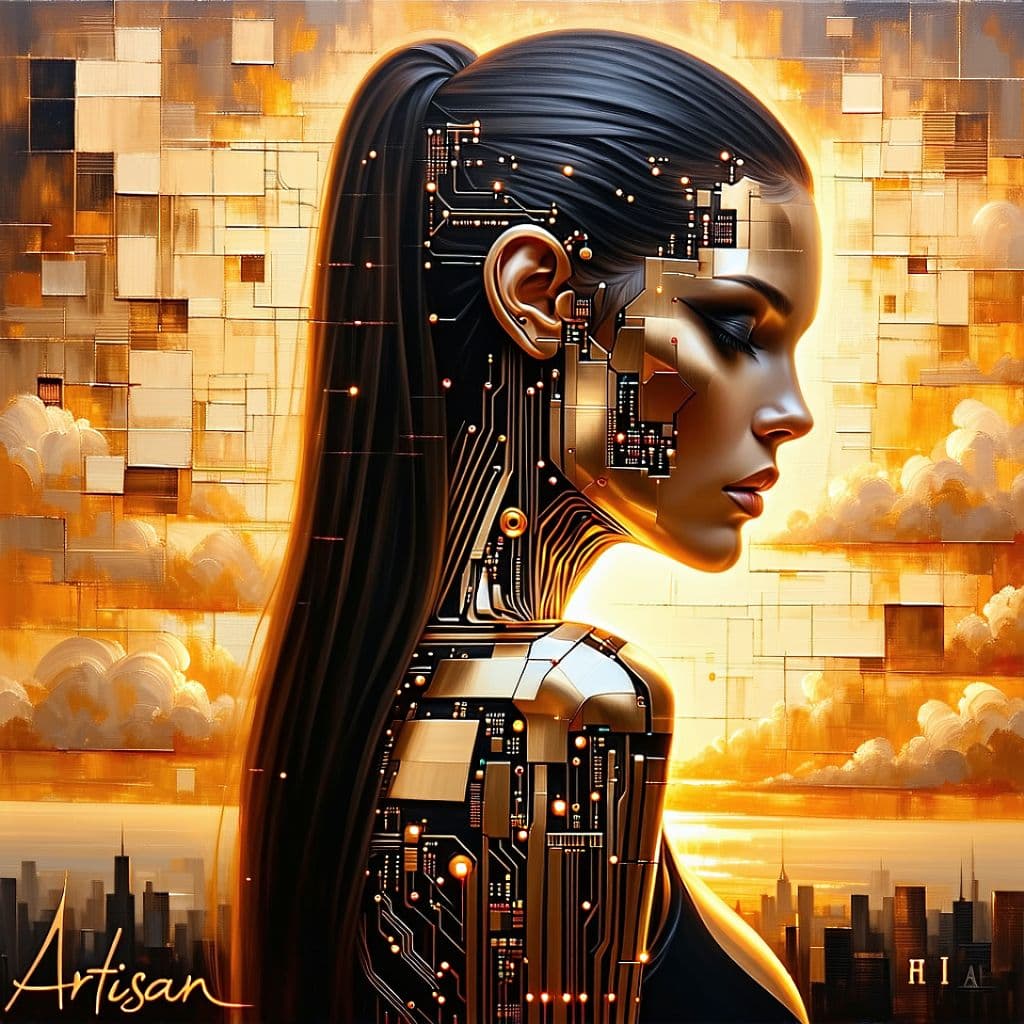 AI generated: A cameo of a beautiful woman made of copper circuits. Her hair, also made of circuitry, is straight ...