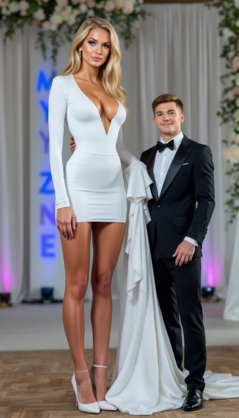 AI generated: A photo of a 10-foot-tall, 19-year-old blonde former volleyball player from America. She is wearing ...