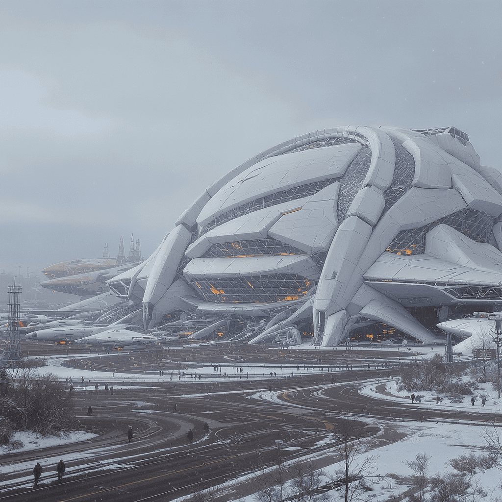AI generated: A large spaceport with many spaceships parked, people walking around the area. In front of it is an ...