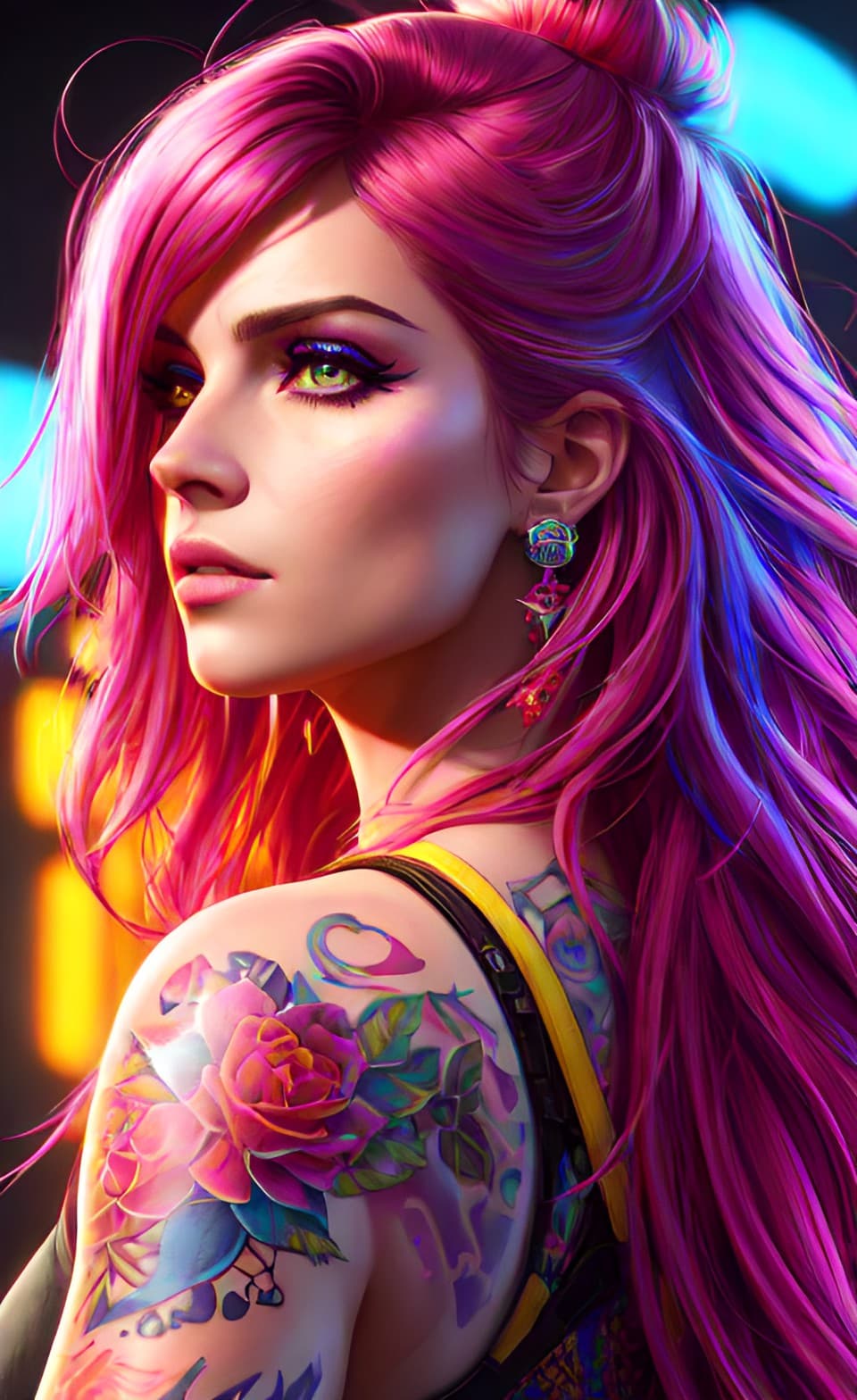 AI generated: Portrait of a beautiful white cyberpunk athletic female, rose vivid tattoos, pink blue fluro hair, g...