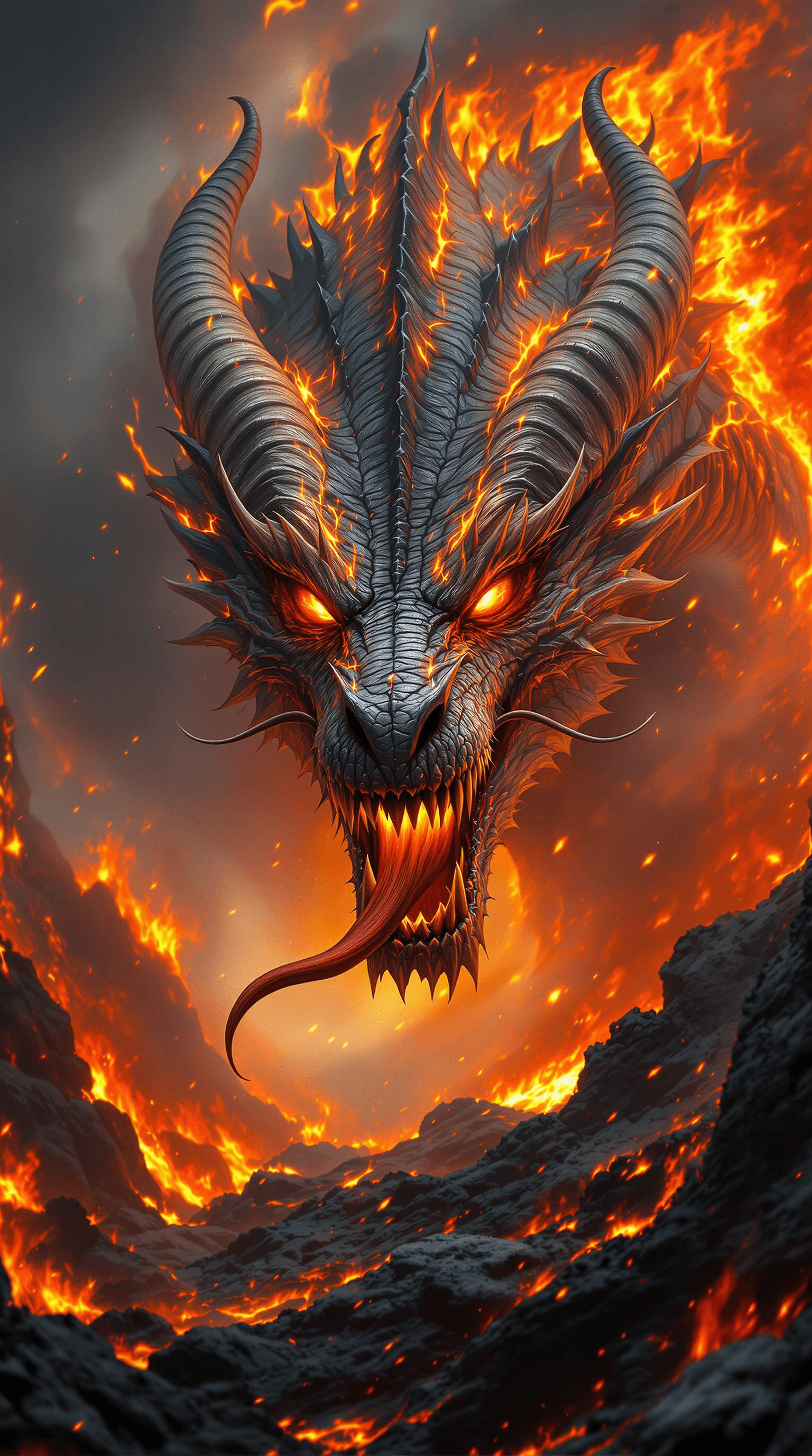 AI generated: A fearsome, hyper-realistic fire dragon emerging from a blazing inferno, its enormous head covered i...
