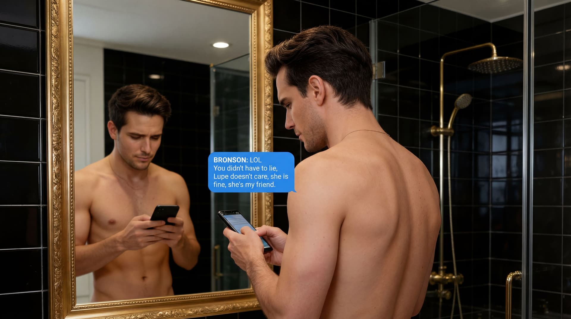 AI generated: There's a text conversation on the phone screen in blue color. The text says: 

BRONSON: LOL You did...