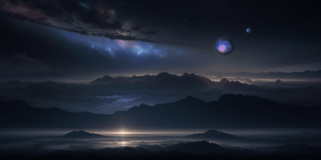 AI generated: cosmic day sky filled with planets, clouds, constellations and a supernova. Tranquil peaceful landsc...