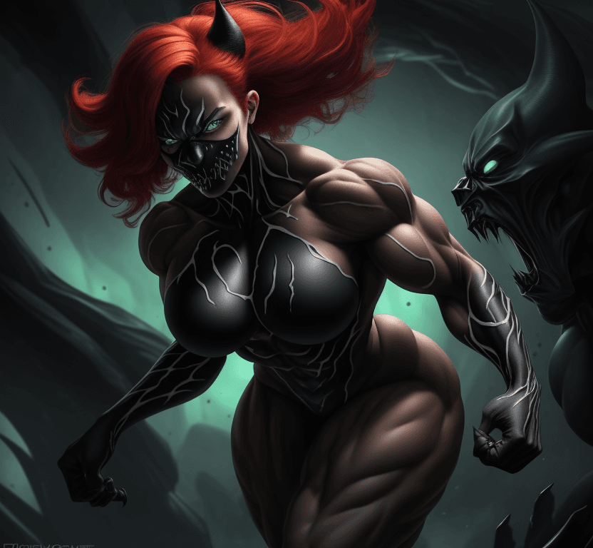 AI generated: 1 young beautiful bodybuilder woman with a wide strong jaw wearing a black monster symbiote, red hai...