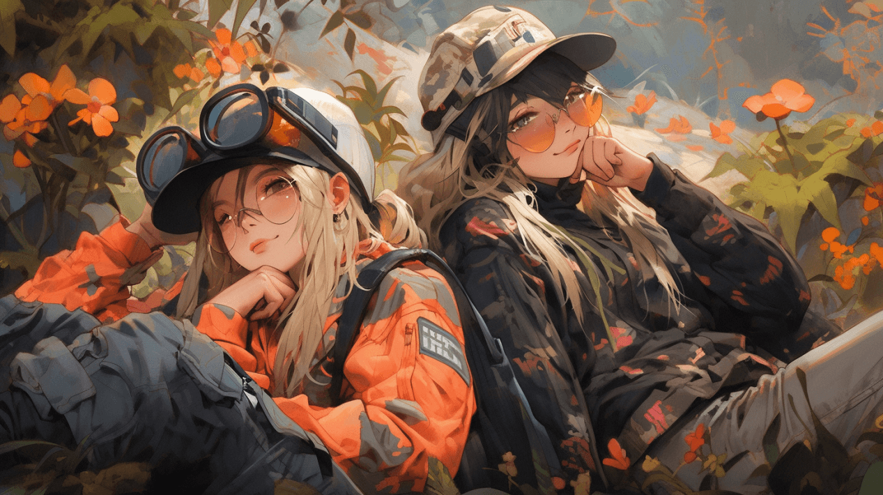 AI generated: Anime style art two cute girls with camo casual outfit... (there's more)