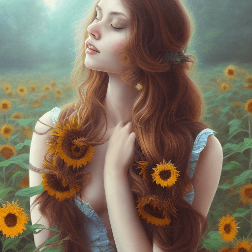 AI generated: a woman with long brown hair and sunflowers in the background, a photorealistic painting by Jan Teng...